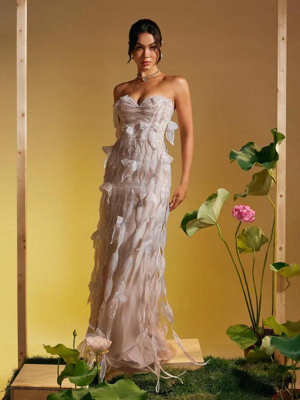 Omri Strapless Bow Sequin Fringe Maxi Dress sold by Mew Mews