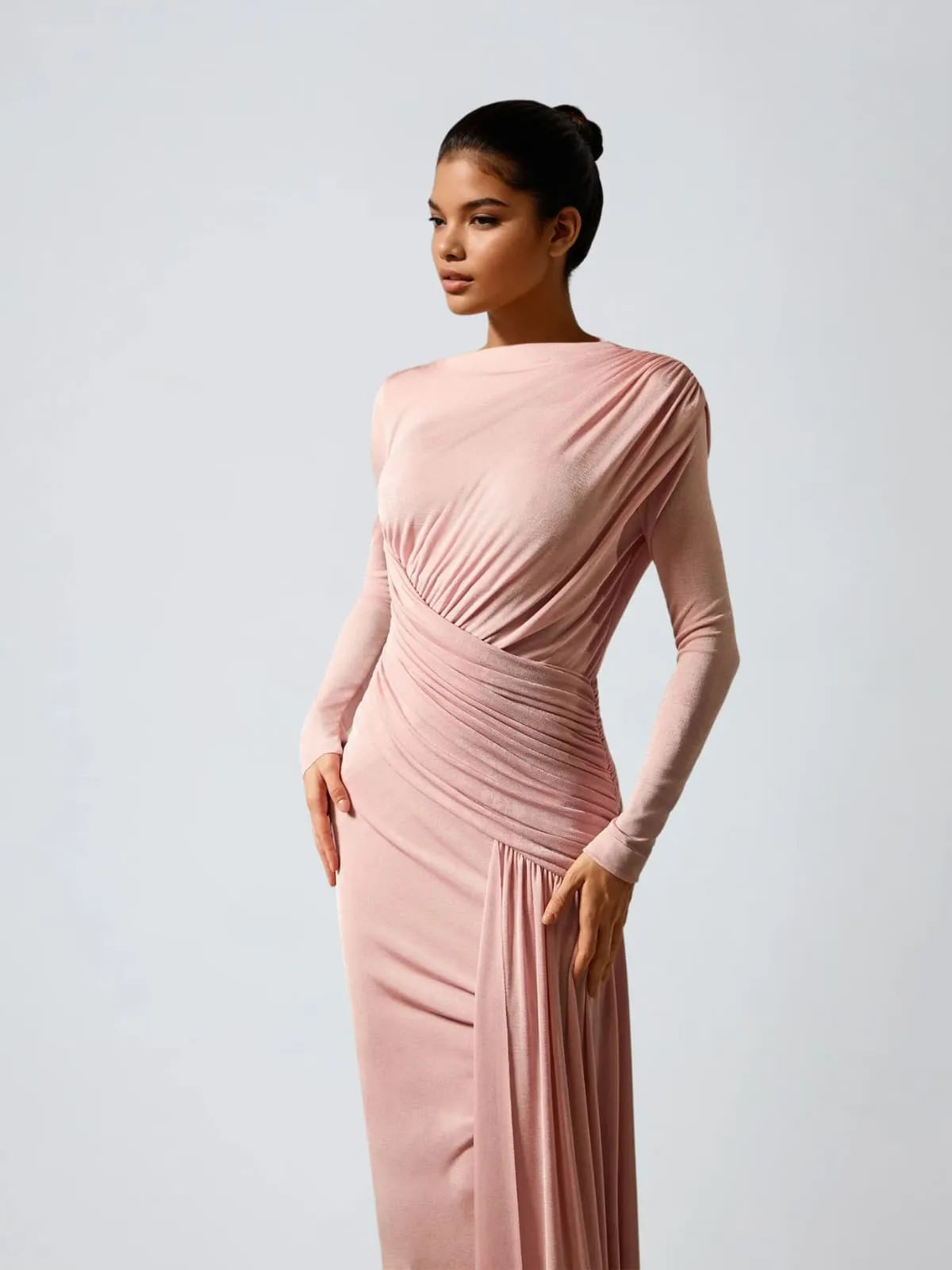 Hibera Long Sleeve Ruched Split Maxi Dress In Pink sold by Mew Mews product image thumbnail 2