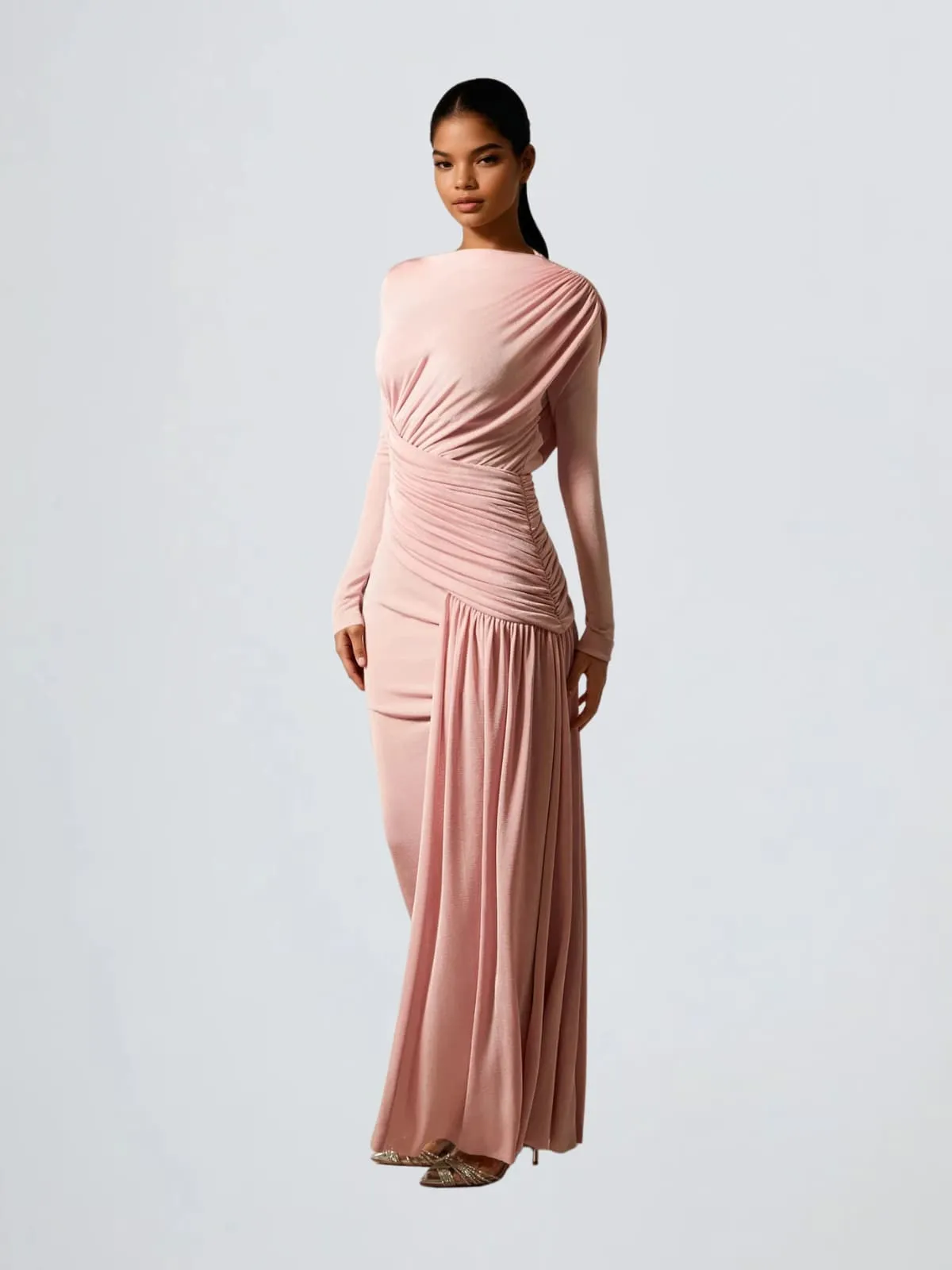 Hibera Long Sleeve Ruched Split Maxi Dress In Pink sold by Mew Mews