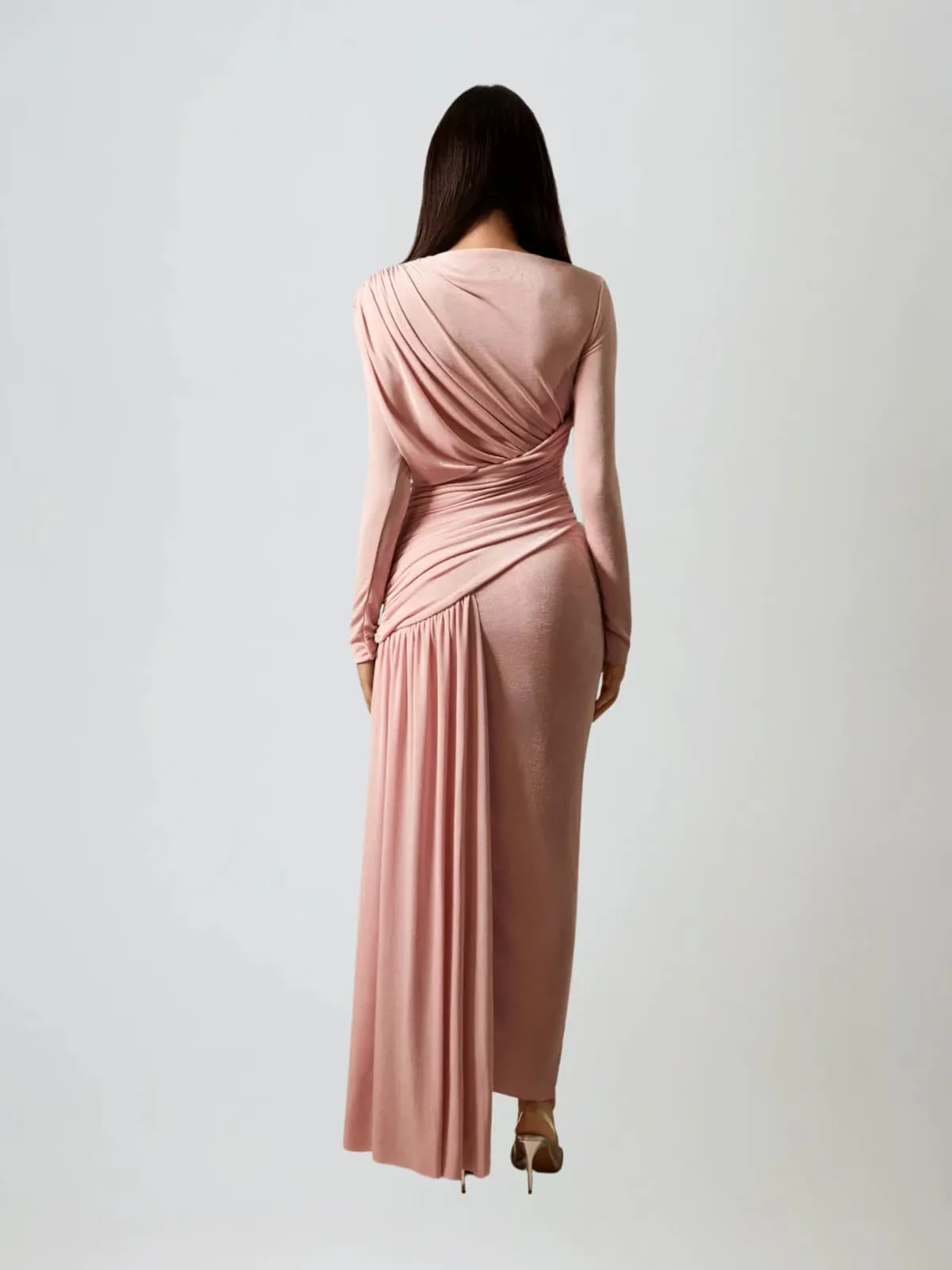 Hibera Long Sleeve Ruched Split Maxi Dress In Pink sold by Mew Mews product image thumbnail 3
