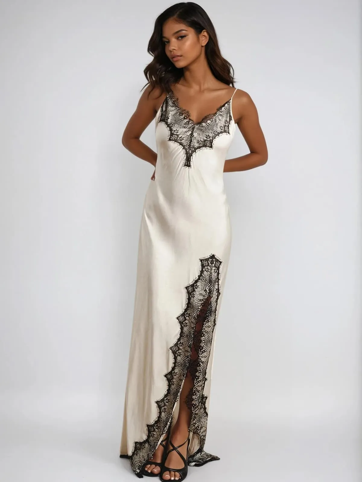 Hoarfax Spaghetti Lace Split Maxi Dress sold by Mew Mews