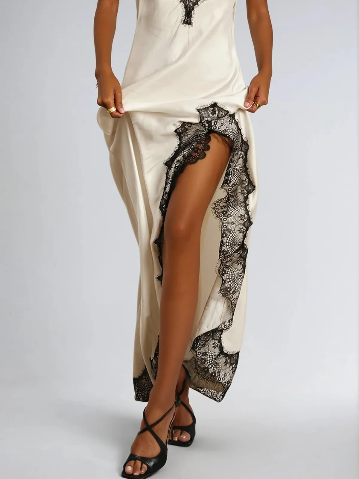 Hoarfax Spaghetti Lace Split Maxi Dress sold by Mew Mews product image thumbnail 4