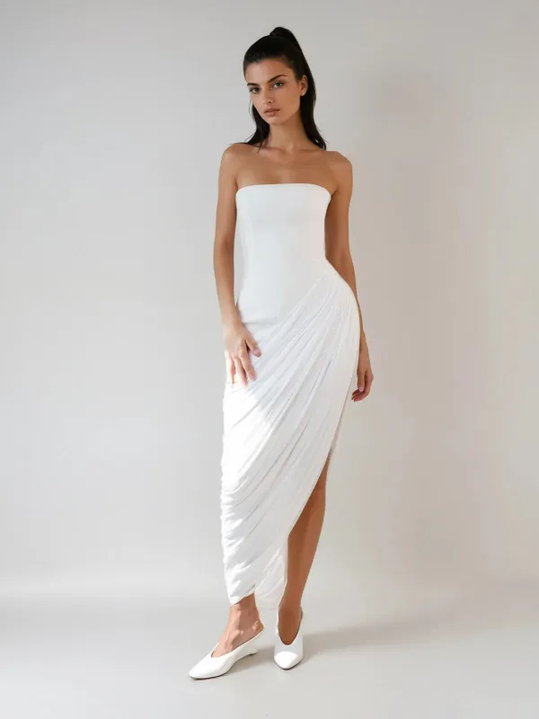 Hygron Strapless Lace Up Ruched Maxi Dress sold by Mew Mews