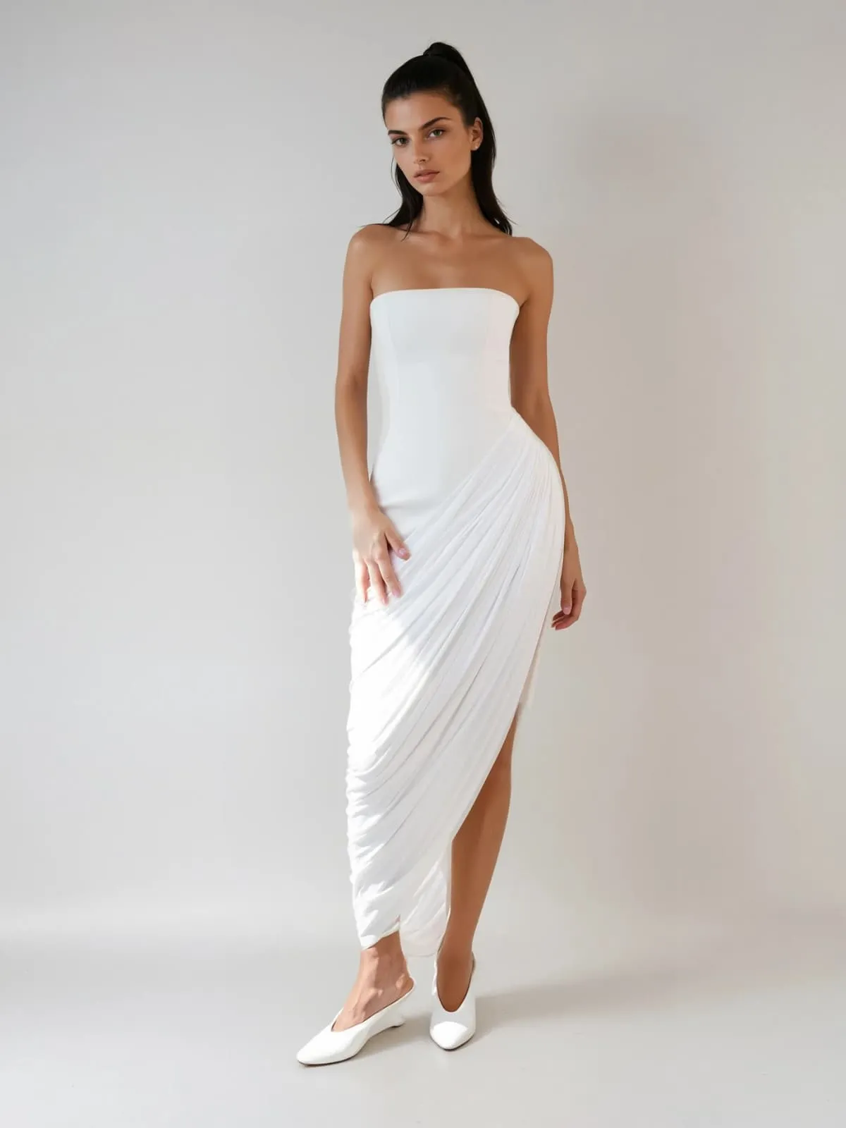 Hygron Strapless Lace Up Ruched Maxi Dress sold by Mew Mews