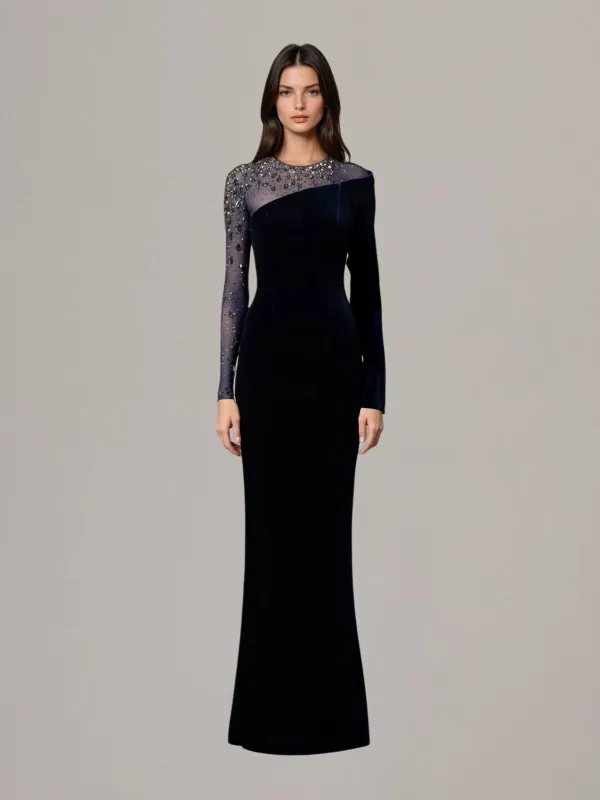 Hyalina Velvet Mesh Diamond Maxi Dress sold by Mew Mews