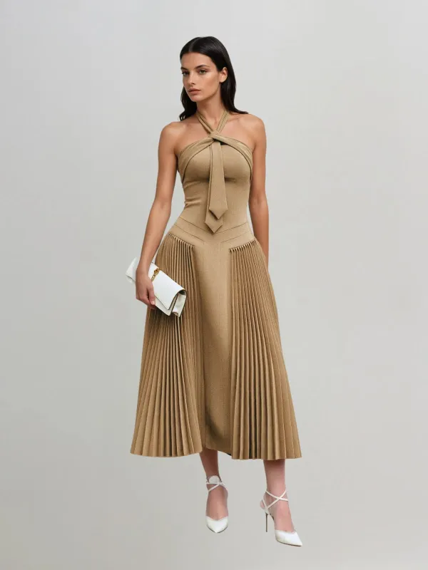Cyrene Halterneck Tie Pleated Midi Dress sold by Mew Mews