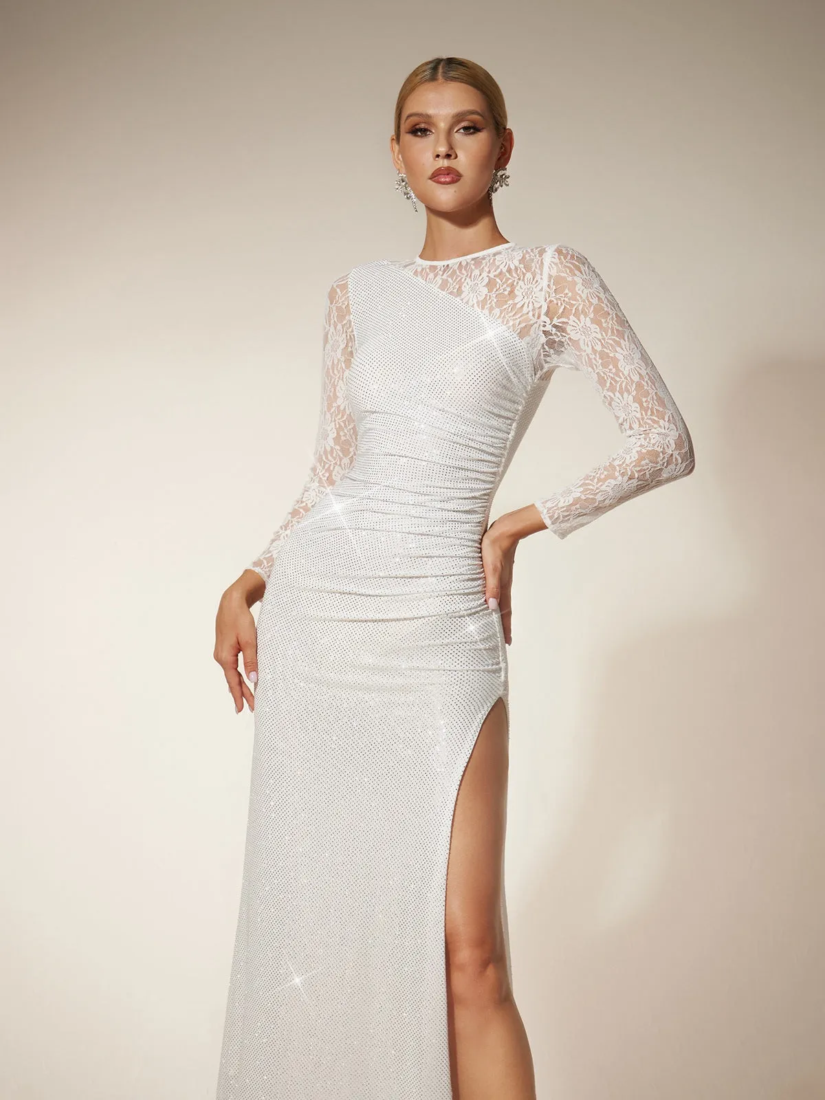 Raerion Rhinestone Lace Split Maxi Dress In White sold by Mew Mews product image thumbnail 2