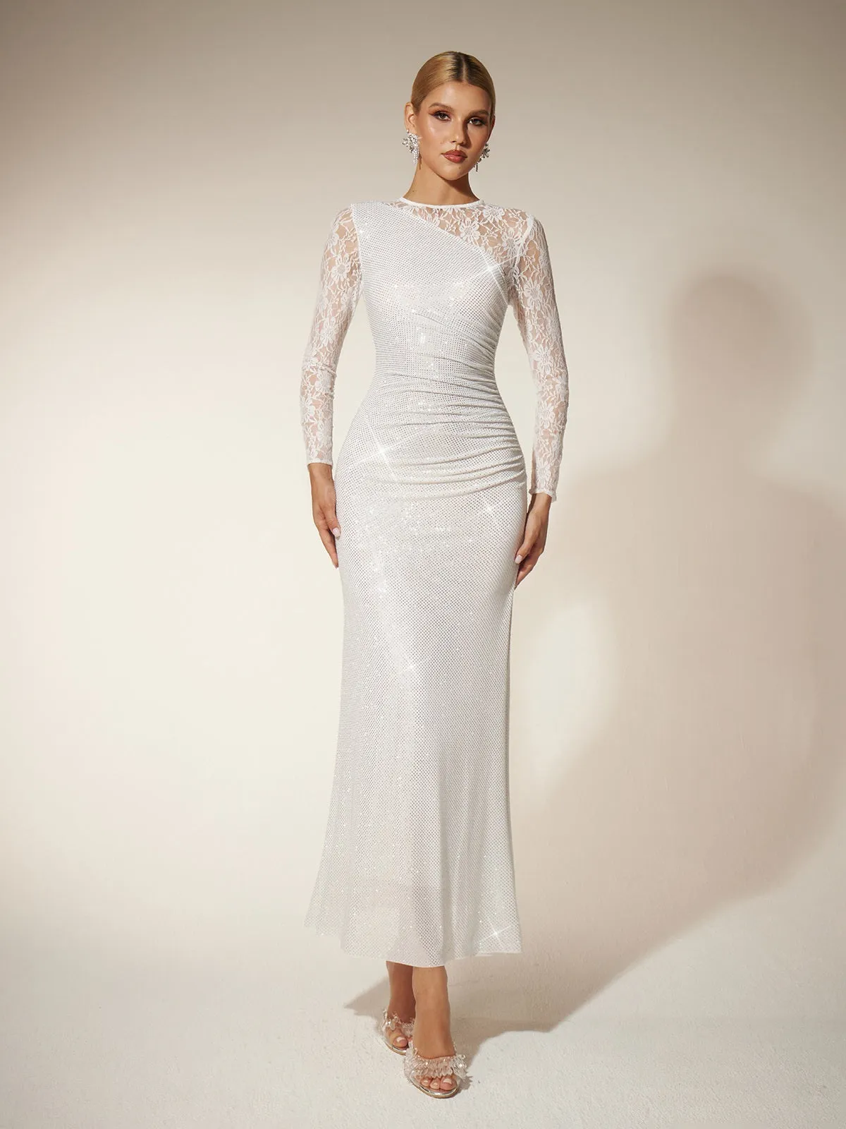 Raerion Rhinestone Lace Split Maxi Dress In White sold by Mew Mews product image thumbnail 5