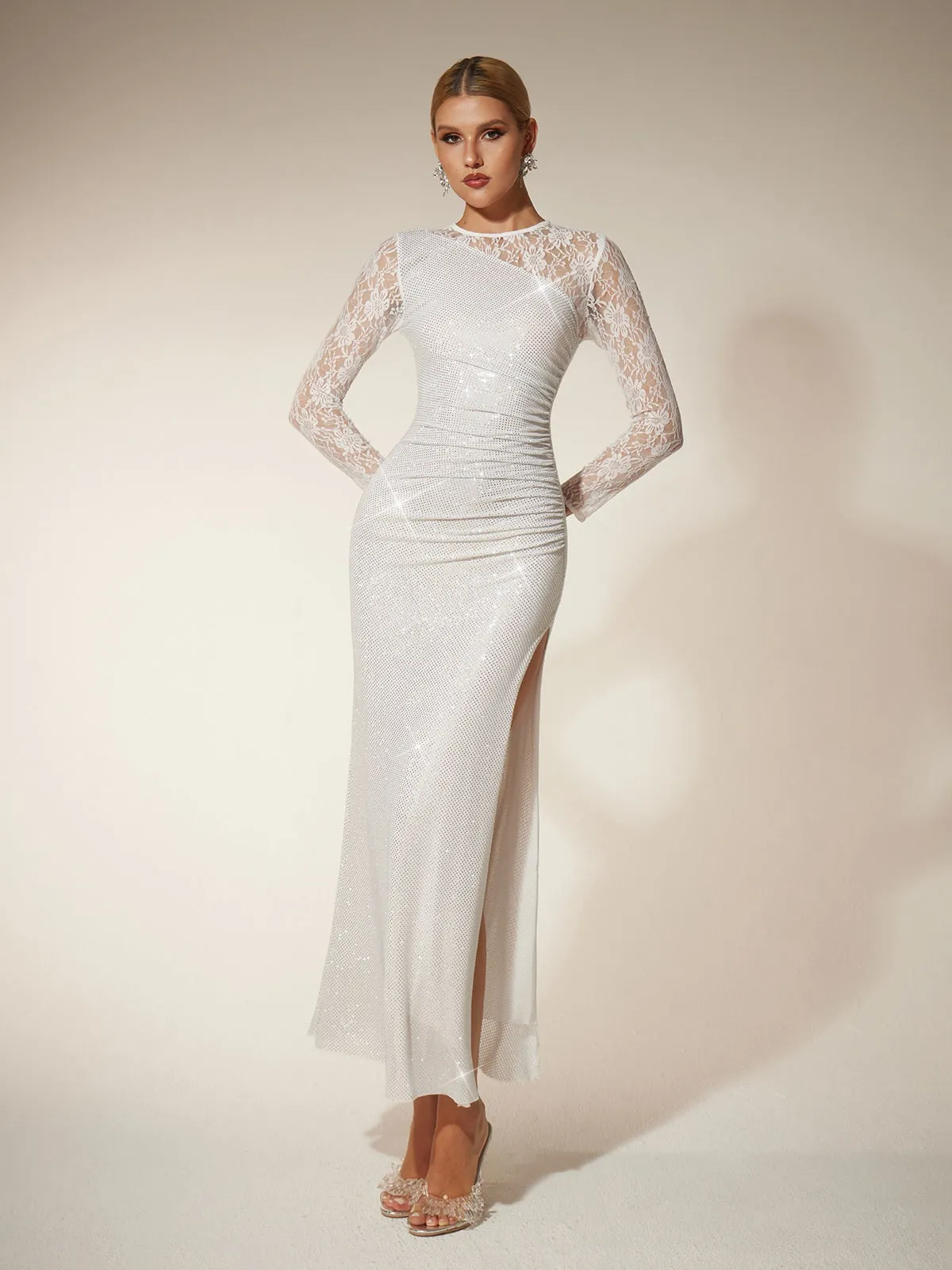 Raerion Rhinestone Lace Split Maxi Dress In White sold by Mew Mews product image thumbnail 4