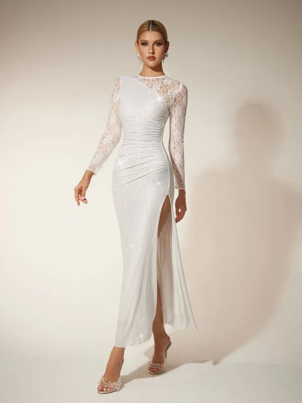 Raerion Rhinestone Lace Split Maxi Dress In White sold by Mew Mews