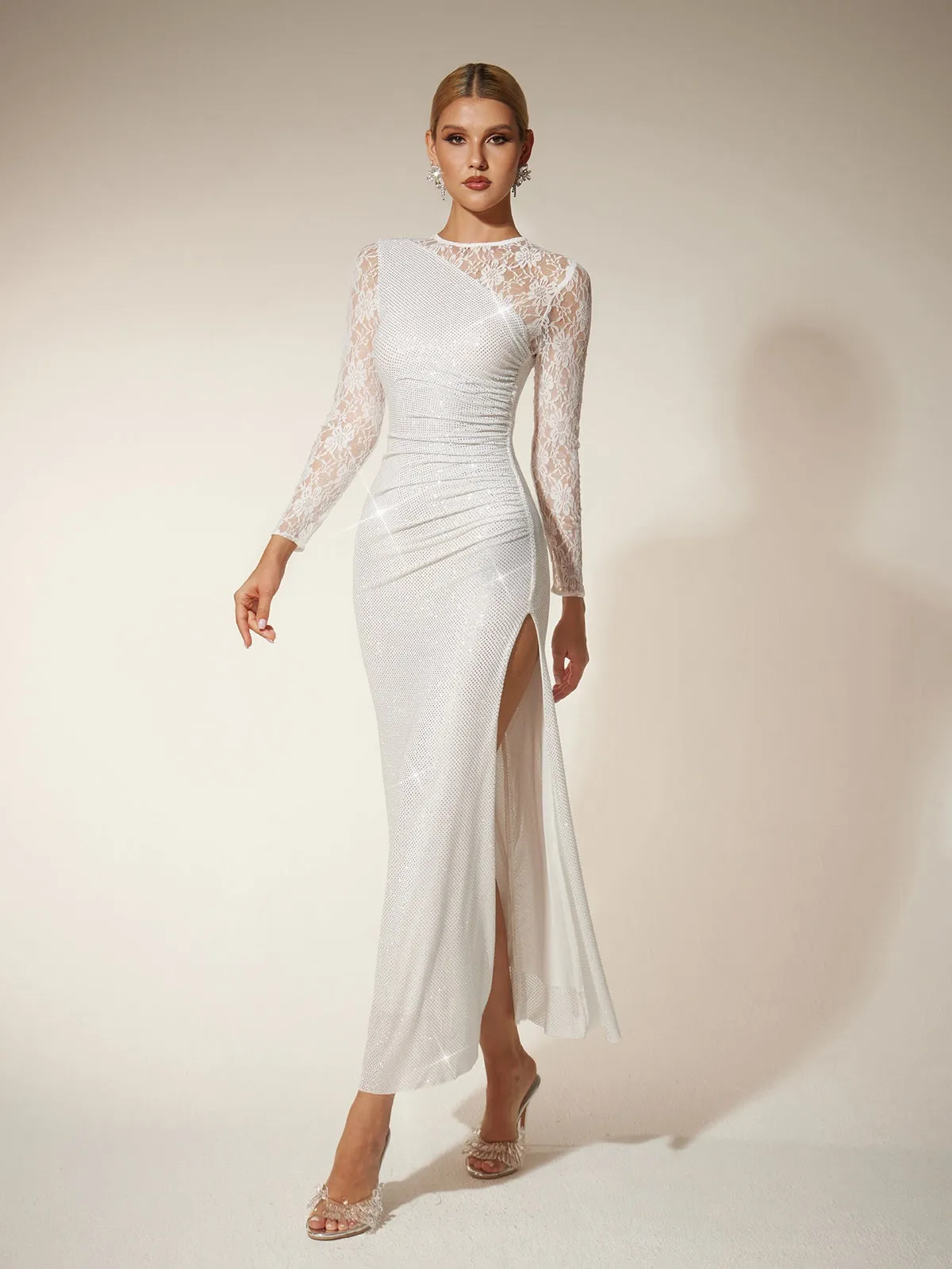 Raerion Rhinestone Lace Split Maxi Dress In White sold by Mew Mews