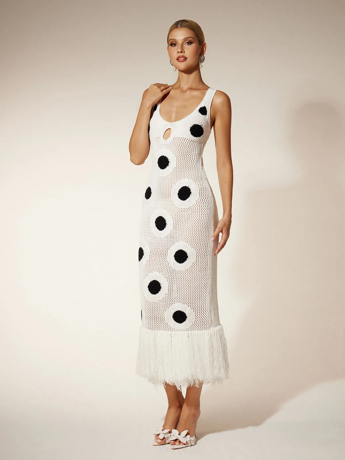Gaelion Dot Fringe Knitted Midi Dress In White sold by Mew Mews product image thumbnail 4