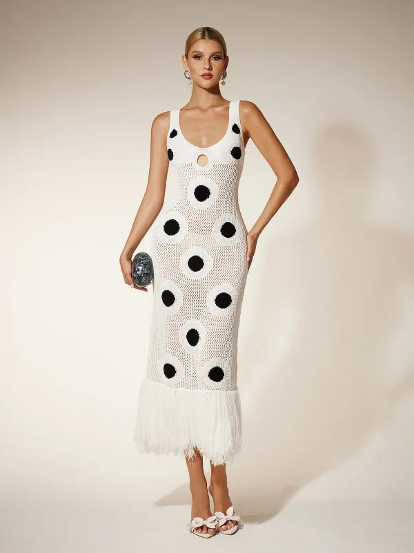 Gaelion Dot Fringe Knitted Midi Dress In White sold by Mew Mews