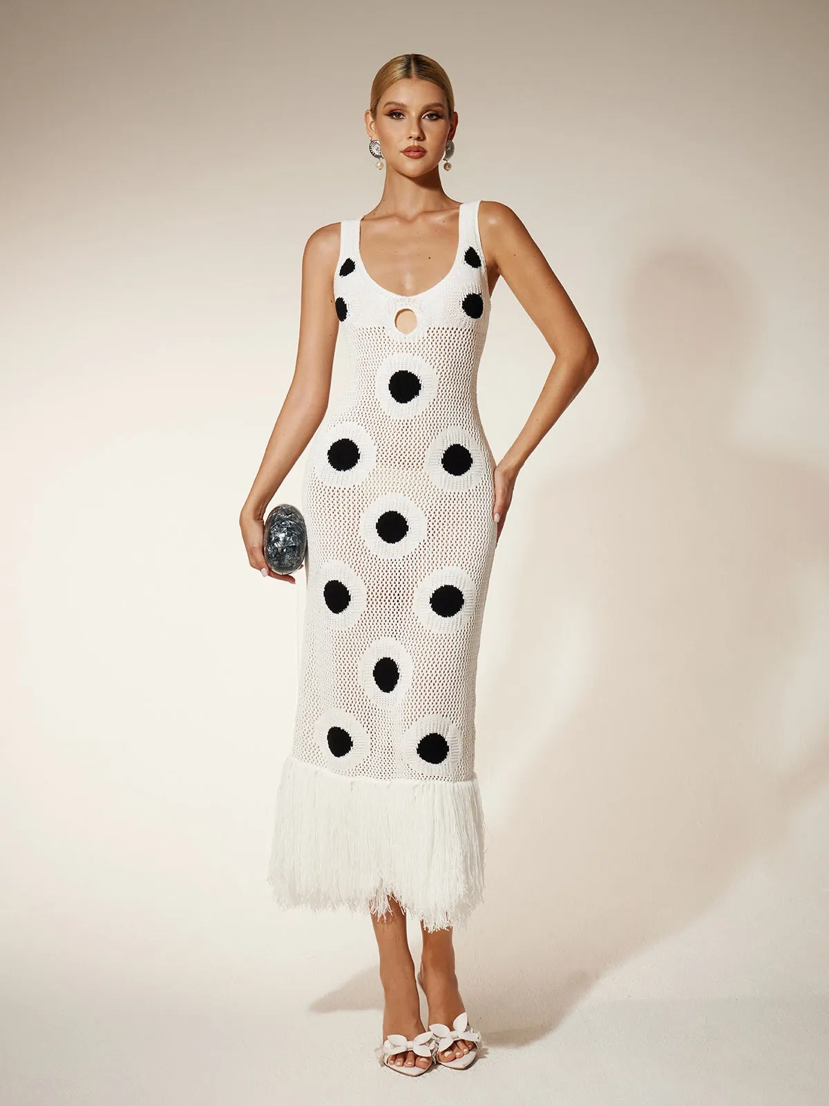 Gaelion Dot Fringe Knitted Midi Dress In White sold by Mew Mews