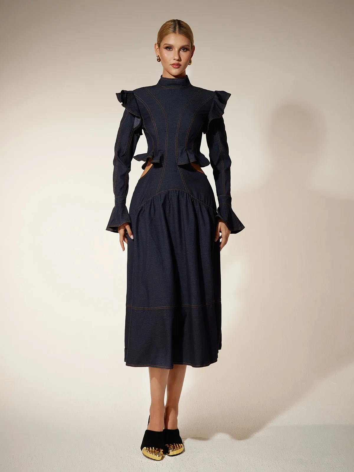 Ekkeko Flare Sleeve Cutout Denim Dress sold by Mew Mews product image thumbnail 3