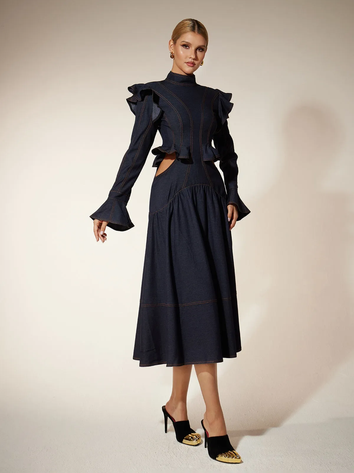 Ekkeko Flare Sleeve Cutout Denim Dress sold by Mew Mews product image thumbnail 5