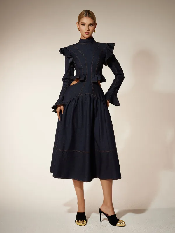 Ekkeko Flare Sleeve Cutout Denim Dress sold by Mew Mews