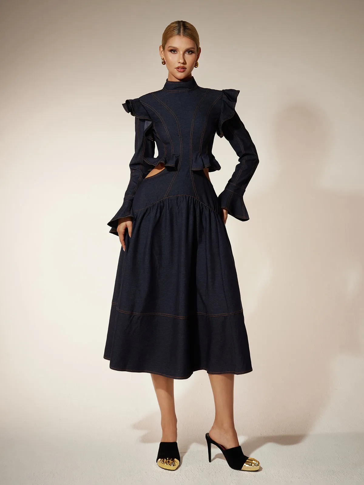 Ekkeko Flare Sleeve Cutout Denim Dress sold by Mew Mews