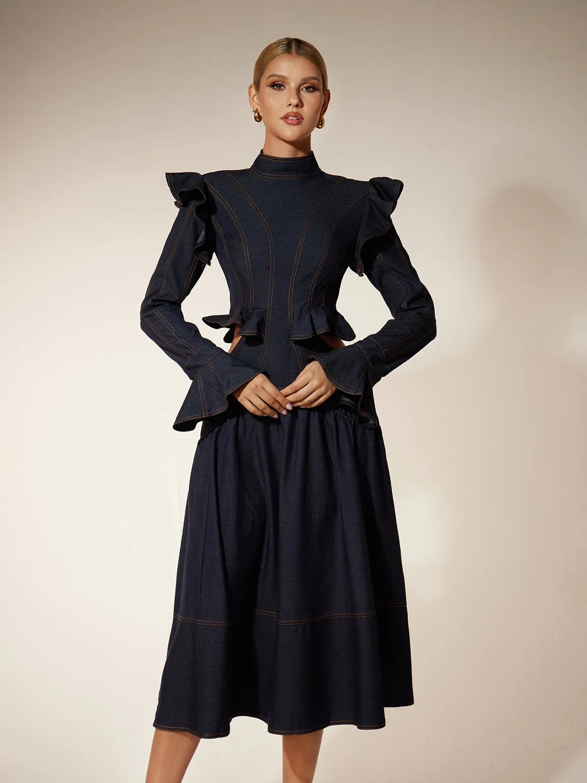 Ekkeko Flare Sleeve Cutout Denim Dress sold by Mew Mews product image thumbnail 2