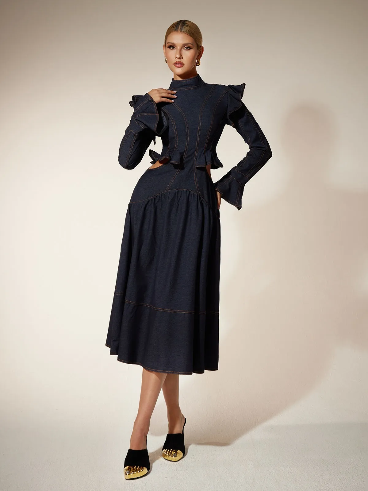 Ekkeko Flare Sleeve Cutout Denim Dress sold by Mew Mews product image thumbnail 4