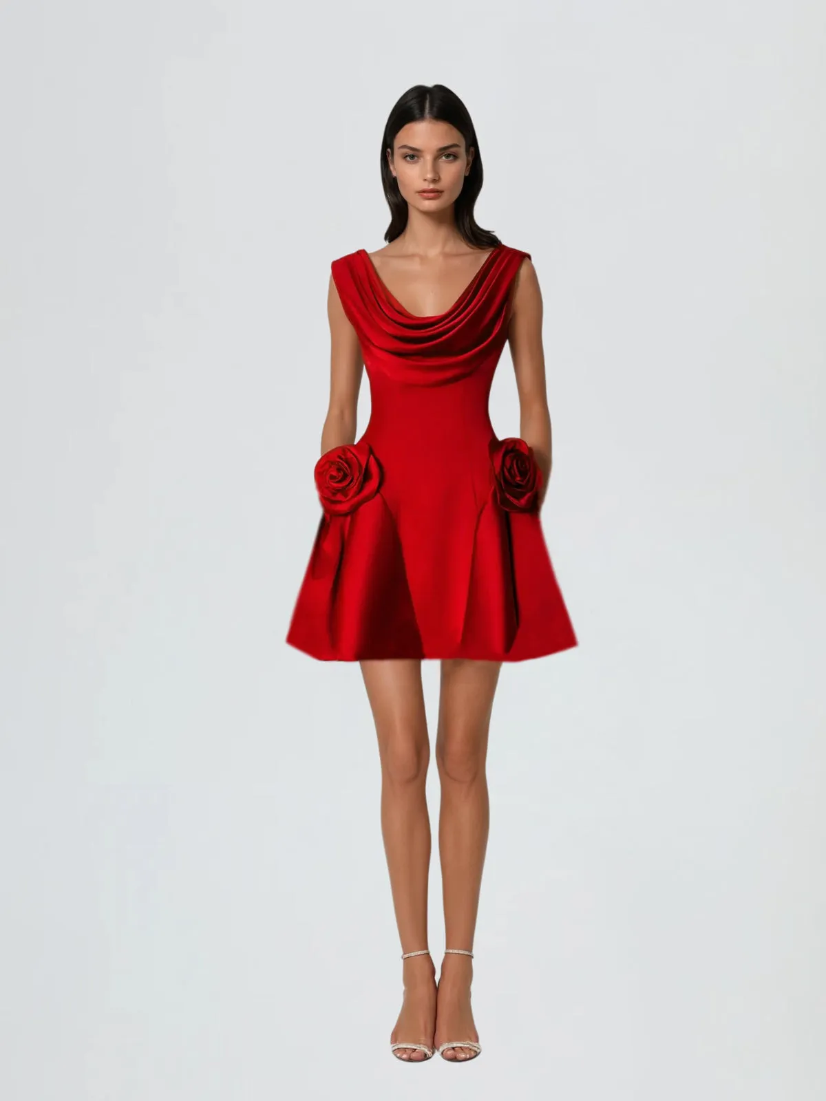 Hygria Cowl Neck Flower Satin Mini Dress sold by Mew Mews