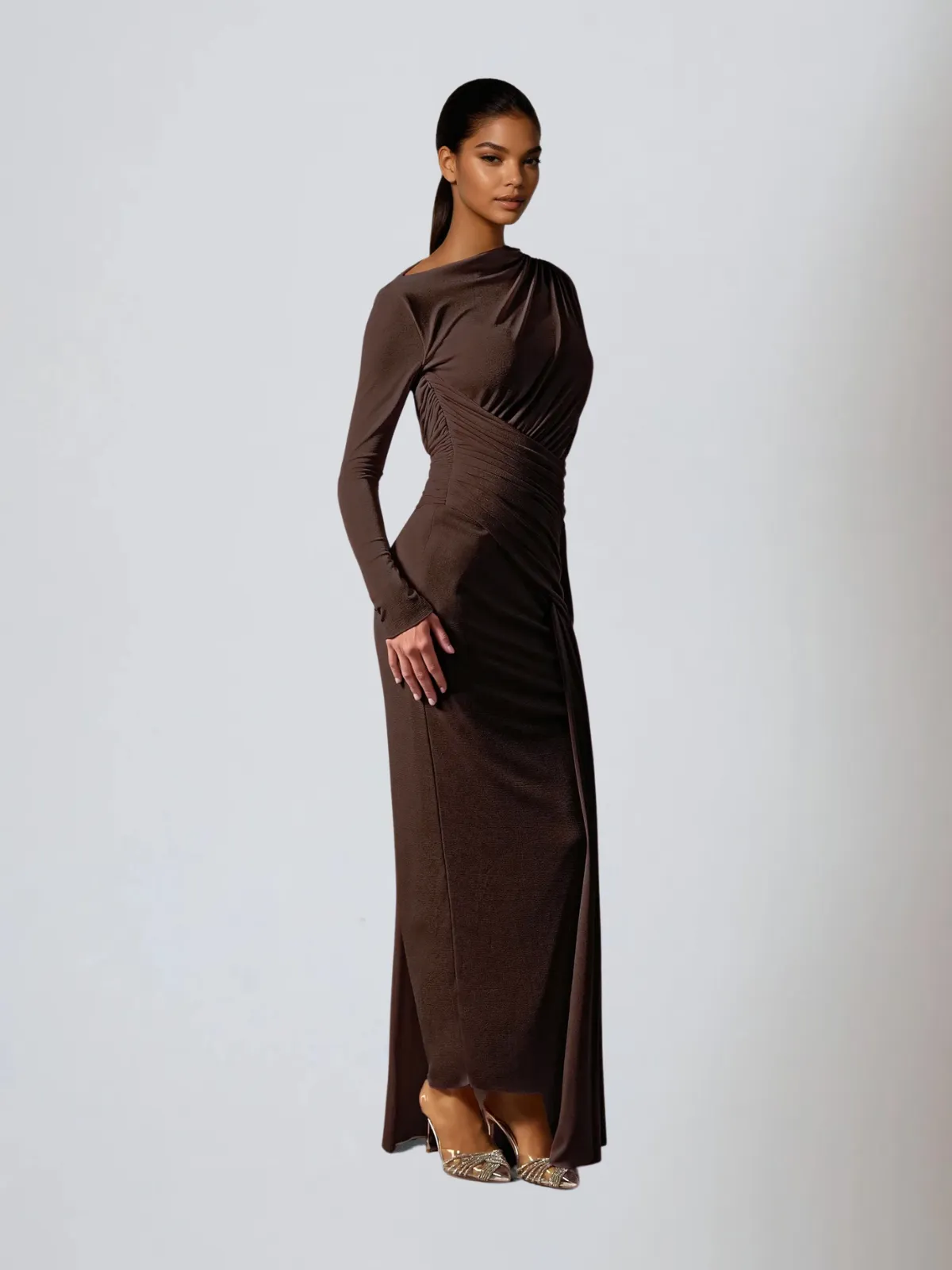 Hibera Long Sleeve Ruched Split Maxi Dress In Coffee sold by Mew Mews product image thumbnail 5
