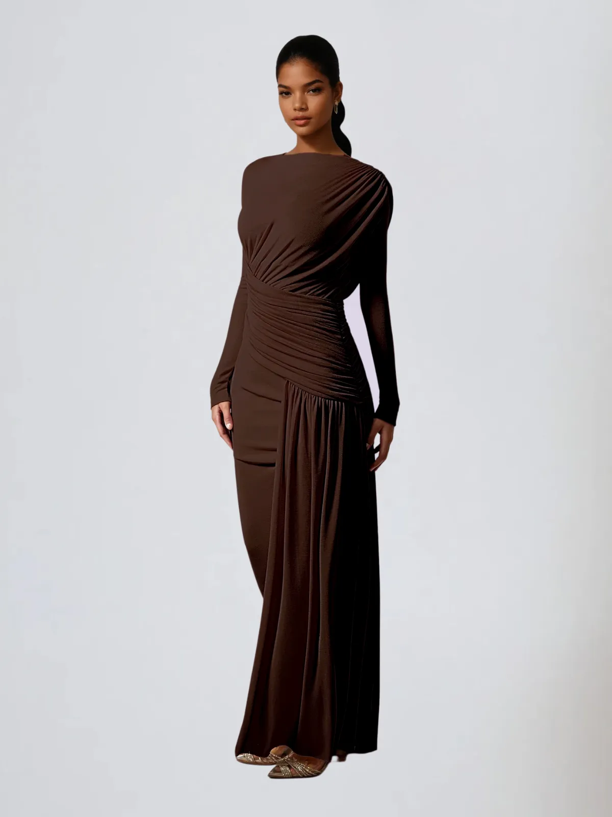 Hibera Long Sleeve Ruched Split Maxi Dress In Coffee sold by Mew Mews product image thumbnail 3