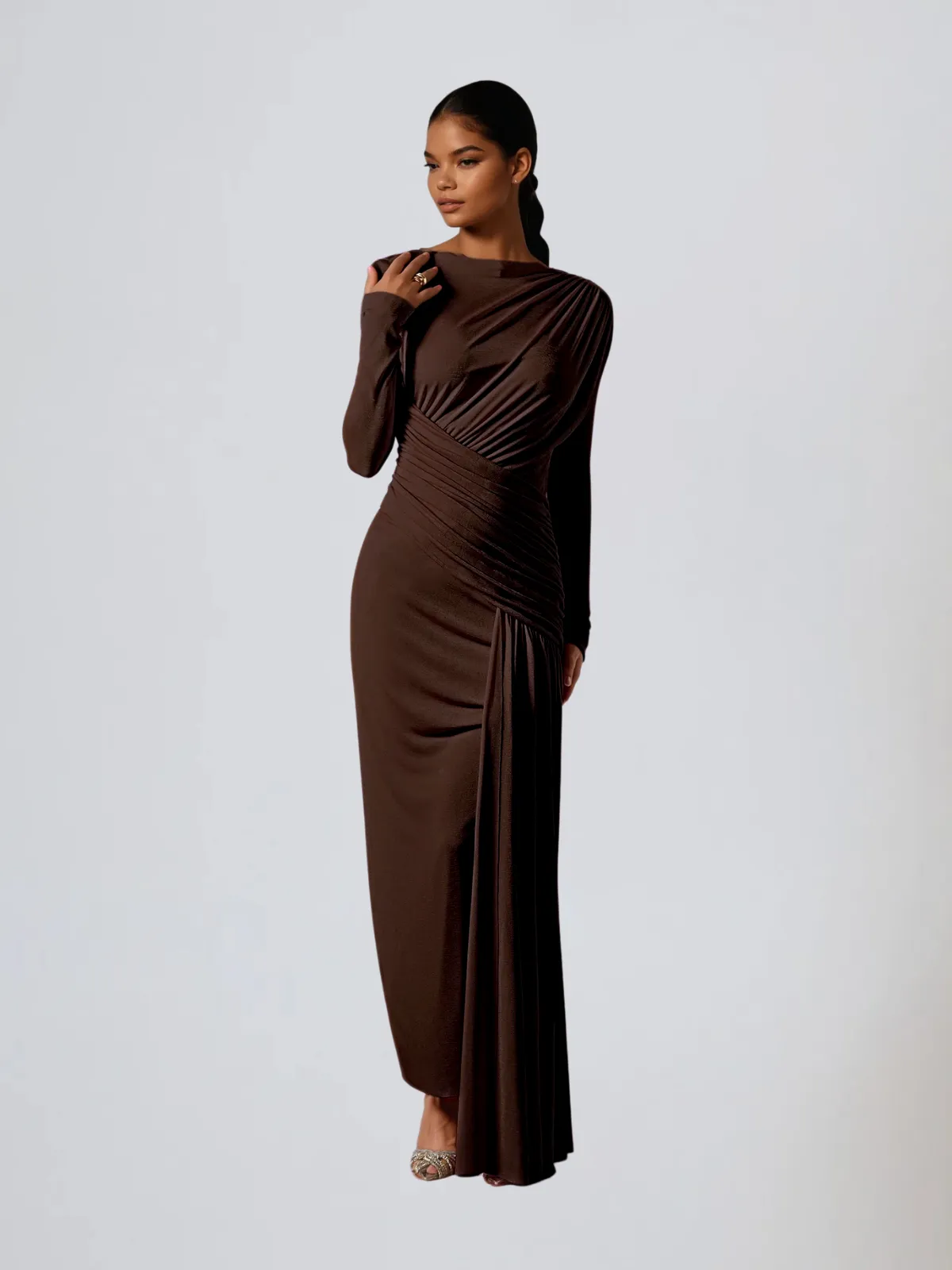 Hibera Long Sleeve Ruched Split Maxi Dress In Coffee sold by Mew Mews product image thumbnail 2