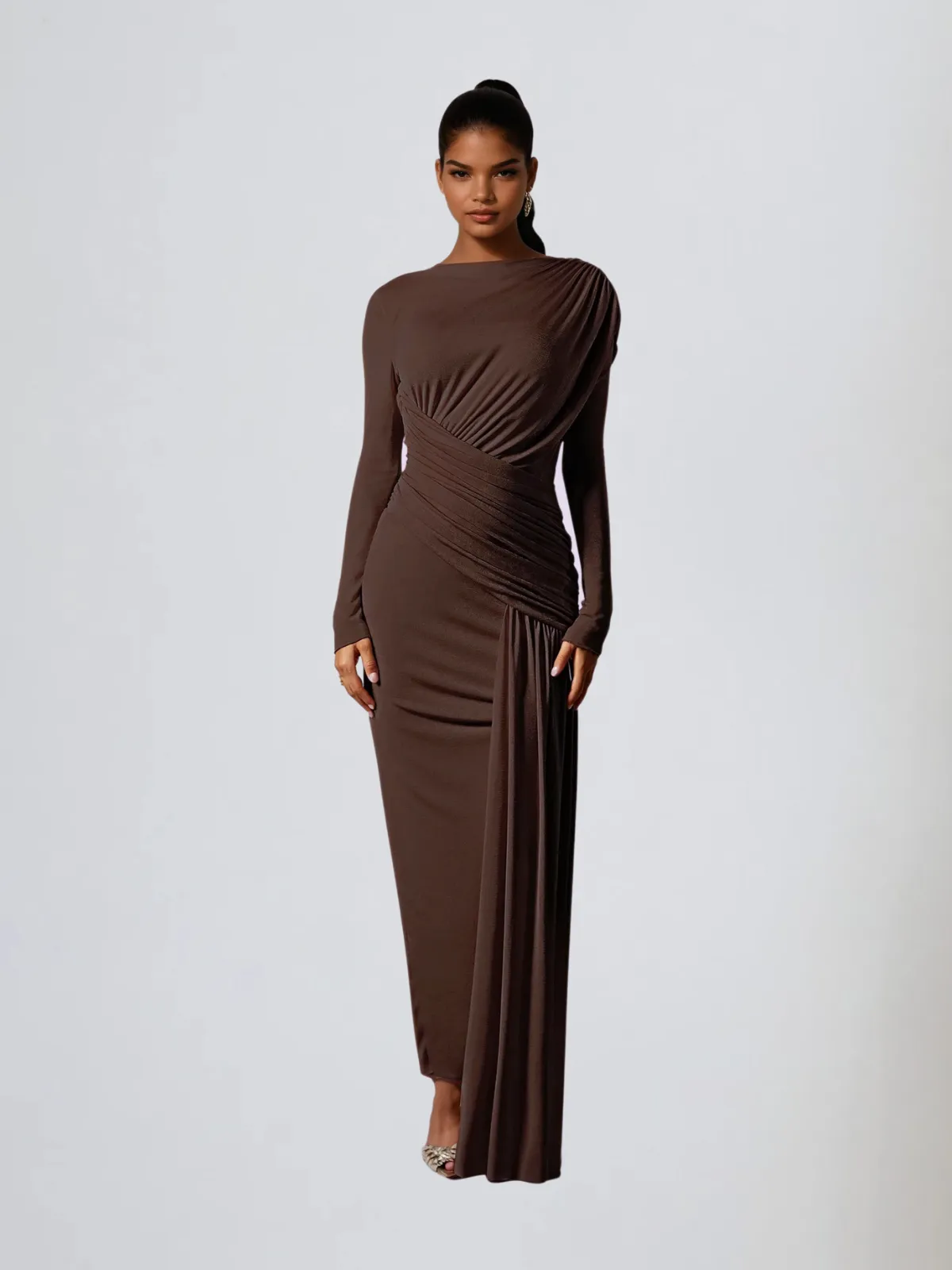 Hibera Long Sleeve Ruched Split Maxi Dress In Coffee sold by Mew Mews