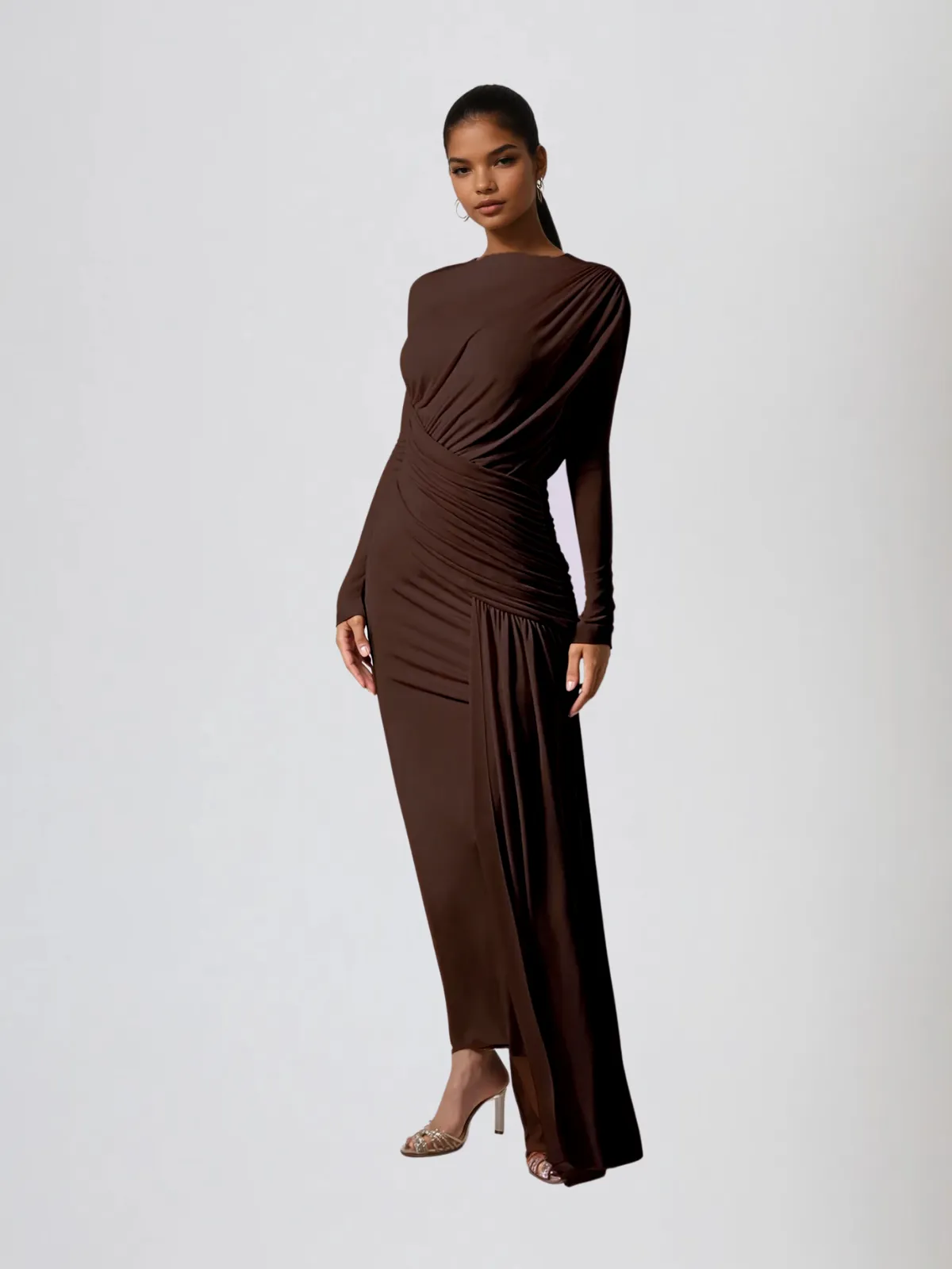 Hibera Long Sleeve Ruched Split Maxi Dress In Coffee sold by Mew Mews product image thumbnail 4