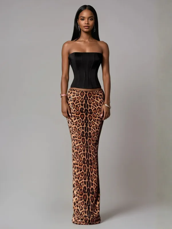 Isocrypt Strapless Leopard Sequin Skirt Set sold by Mew Mews