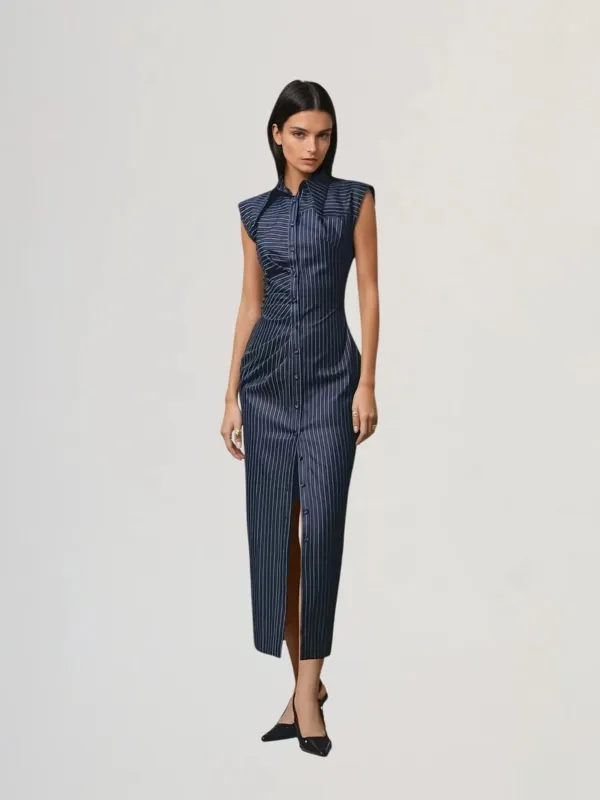 Hyeto Folded Collar Stripe Button Up Maxi Dress made by Mew Mews