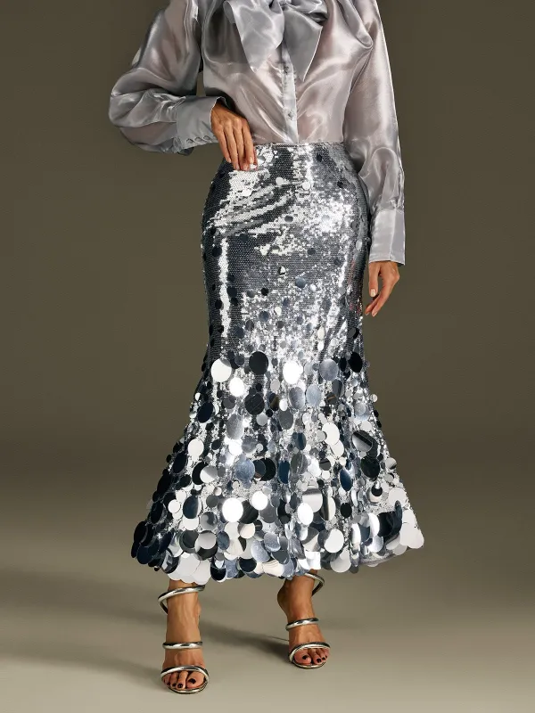 Glomara Round Sequin Skirt In Silver sold by Mew Mews