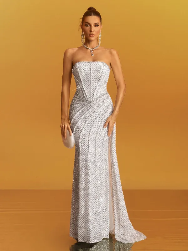 Glein Strapless Ruched Sequin Maxi Dress In White sold by Mew Mews