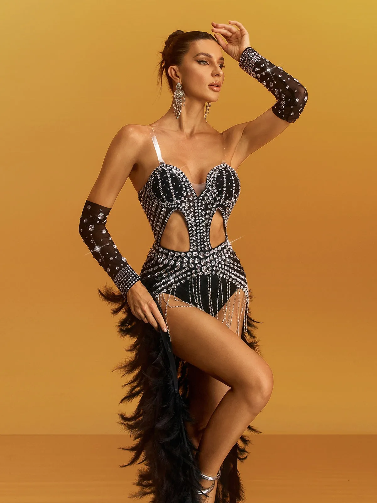 Geysera Crystal Feather Cutout Chain Bodysuit sold by Mew Mews product image thumbnail 5