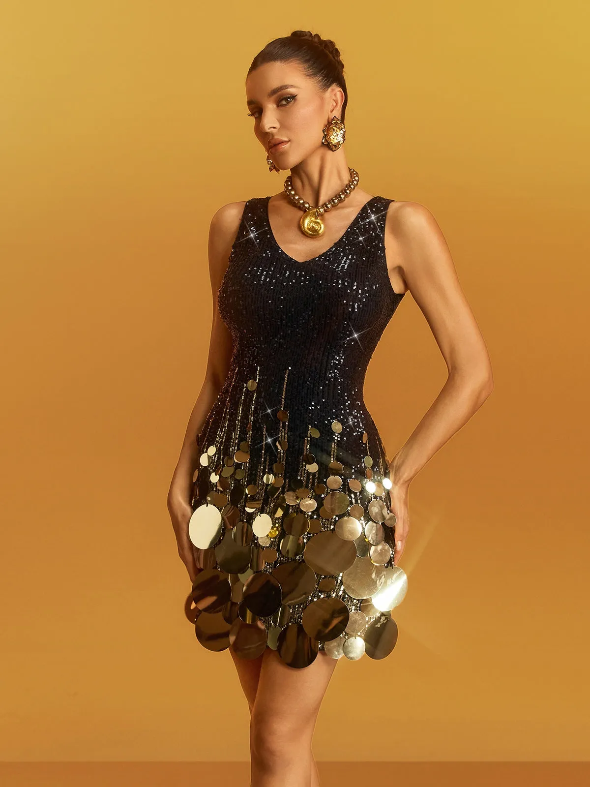 Geotra V Neck Round Sequin Mini Dress sold by Mew Mews product image thumbnail 3