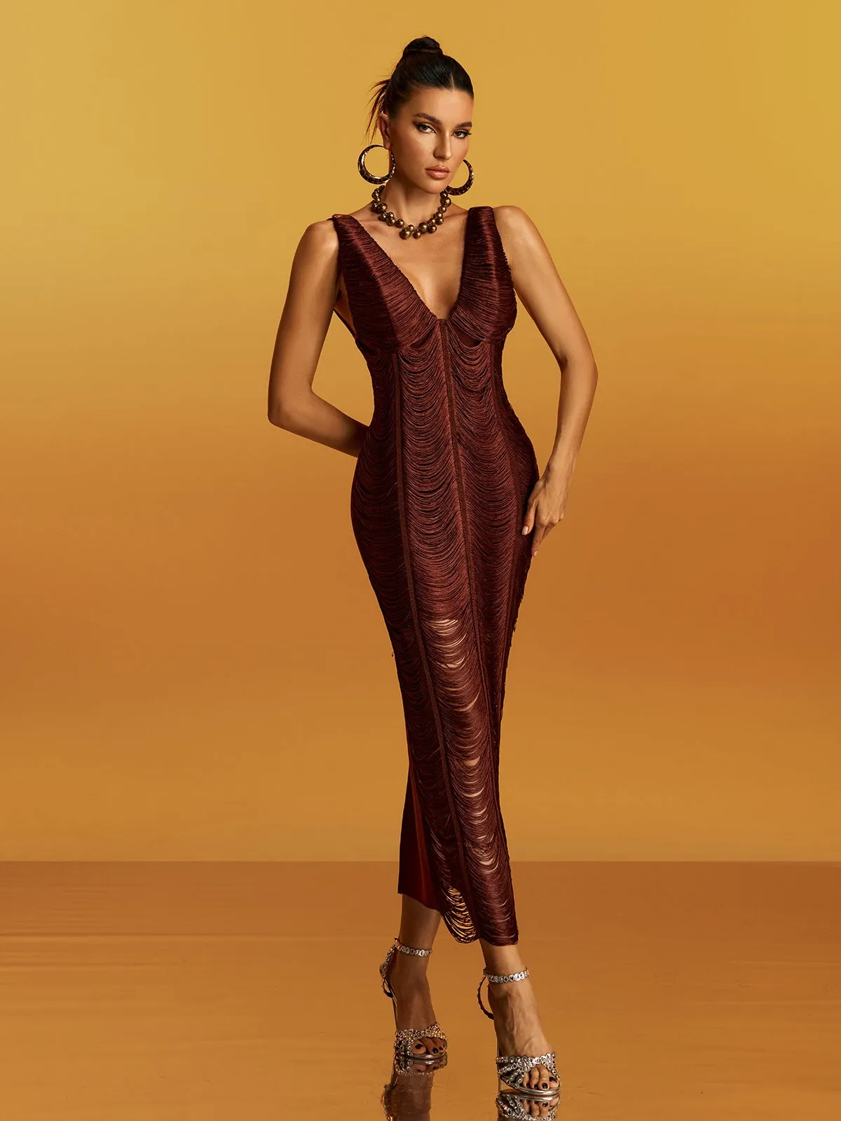 Gigantia V Neck Fringe Bandage Maxi Dress sold by Mew Mews product image thumbnail 4