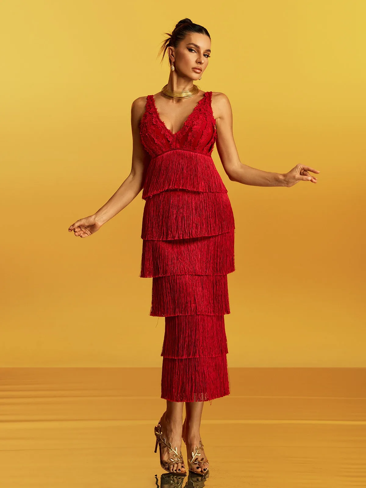 Galeon Sleeveless Lace Fringe Bandage Midi Dress sold by Mew Mews product image thumbnail 2