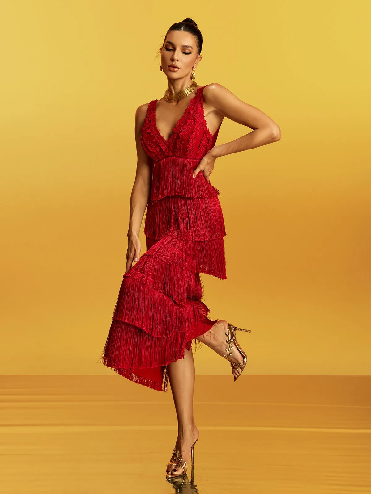 Galeon Sleeveless Lace Fringe Bandage Midi Dress sold by Mew Mews product image thumbnail 5