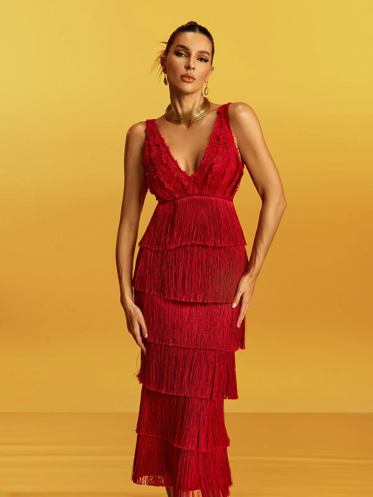 Galeon Sleeveless Lace Fringe Bandage Midi Dress sold by Mew Mews product image thumbnail 3