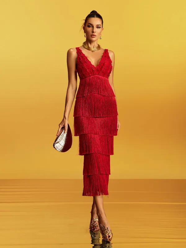 Galeon Sleeveless Lace Fringe Bandage Midi Dress sold by Mew Mews