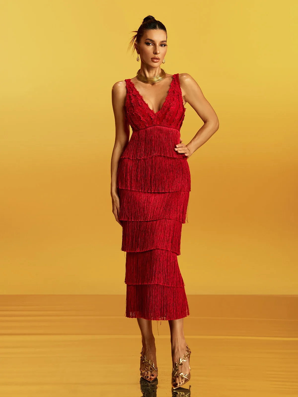 Galeon Sleeveless Lace Fringe Bandage Midi Dress sold by Mew Mews product image thumbnail 4