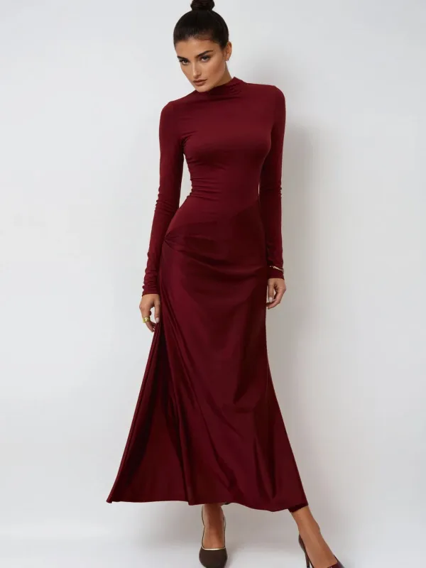 Hertzia Long Sleeve Satin Maxi Dress In Wine sold by Mew Mews