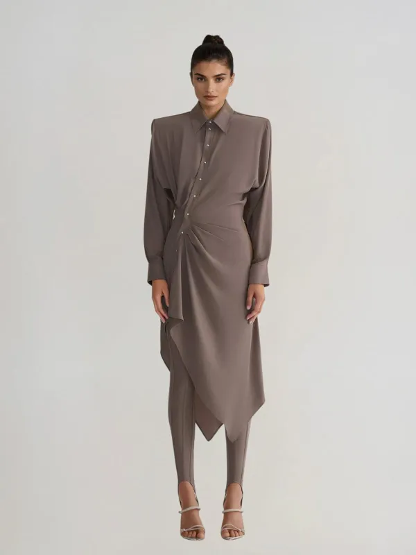 Hadronia Ruched Asymmetric Shirt Midi Dress sold by Mew Mews