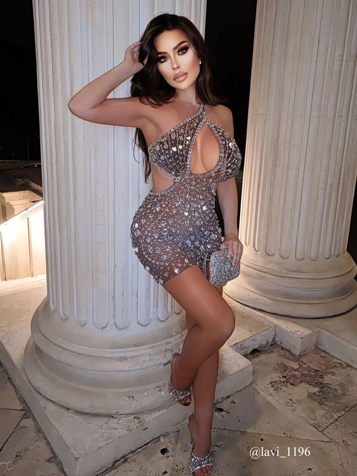 Hanne Backless Rhinestone Mesh Mini Dress In Silver sold by Mew Mews product image thumbnail 4