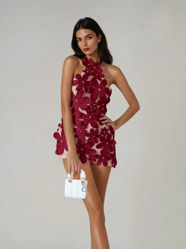 Geodar Halterneck Flower Mini Dress In Wine sold by Mew Mews