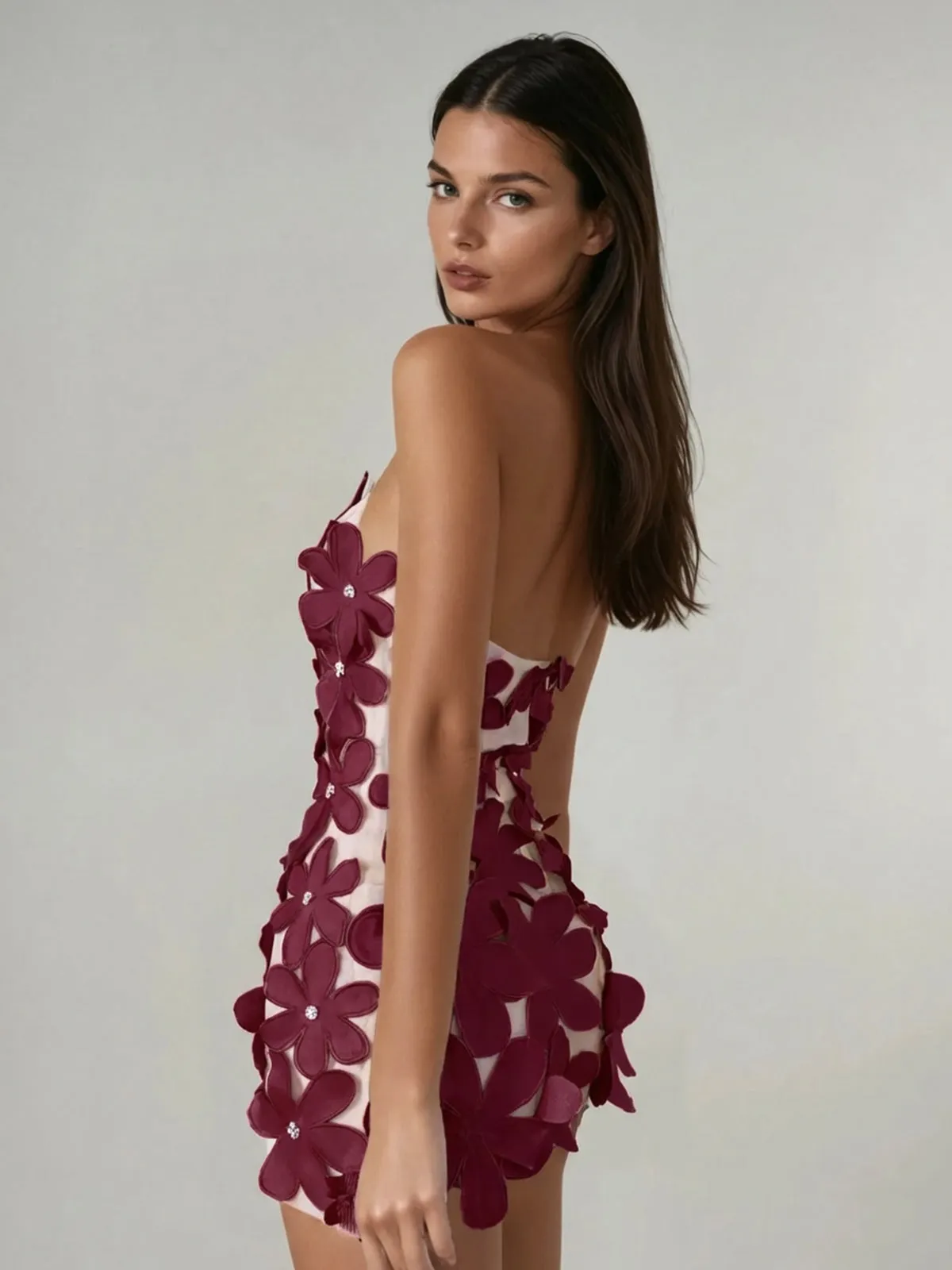 Geodar Halterneck Flower Mini Dress In Wine sold by Mew Mews product image thumbnail 3