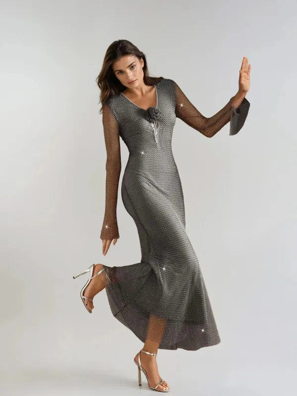 Isograv V Neck Rhinestone Mesh Maxi Dress sold by Mew Mews