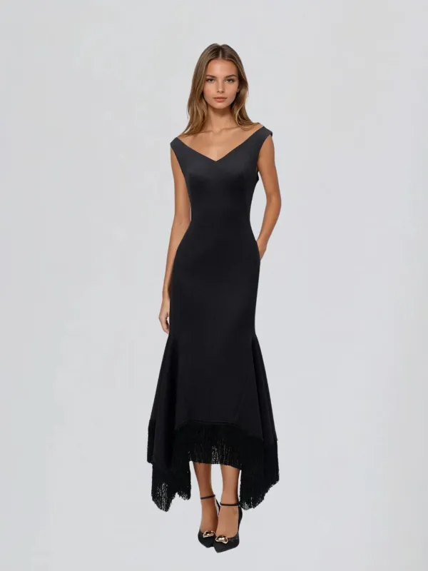 Juxtala V Neck Fringe Maxi Dress sold by Mew Mews