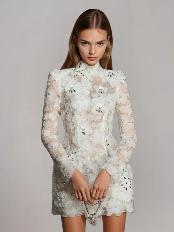 Diapente Flower Pearl Mesh Mini Dress sold by Mew Mews